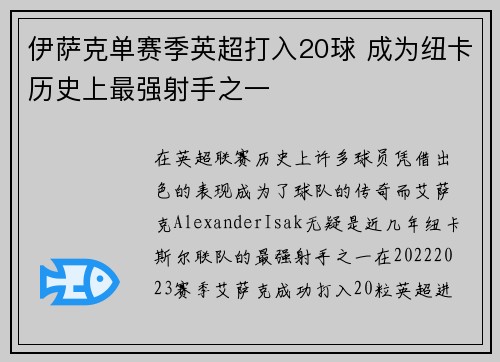 伊萨克单赛季英超打入20球 成为纽卡历史上最强射手之一