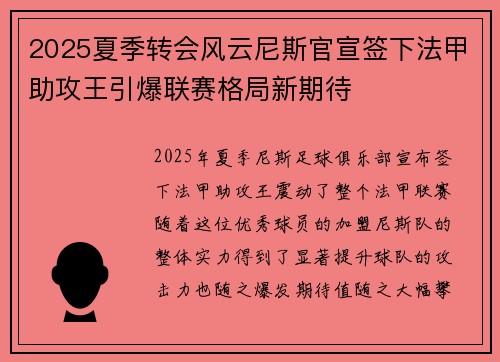 2025夏季转会风云尼斯官宣签下法甲助攻王引爆联赛格局新期待 2025夏季转会风云尼斯官宣签下法甲助攻王引爆联赛格局新期待