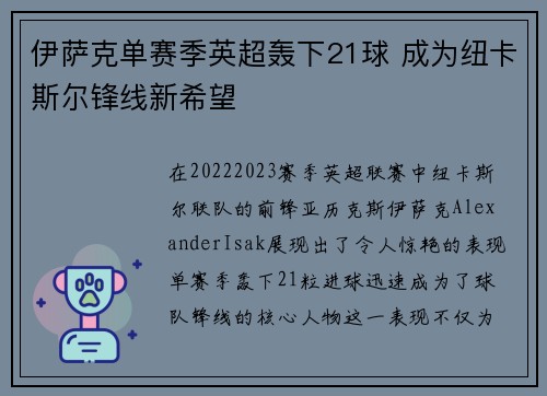 伊萨克单赛季英超轰下21球 成为纽卡斯尔锋线新希望 伊萨克单赛季英超轰下21球 成为纽卡斯尔锋线新希望